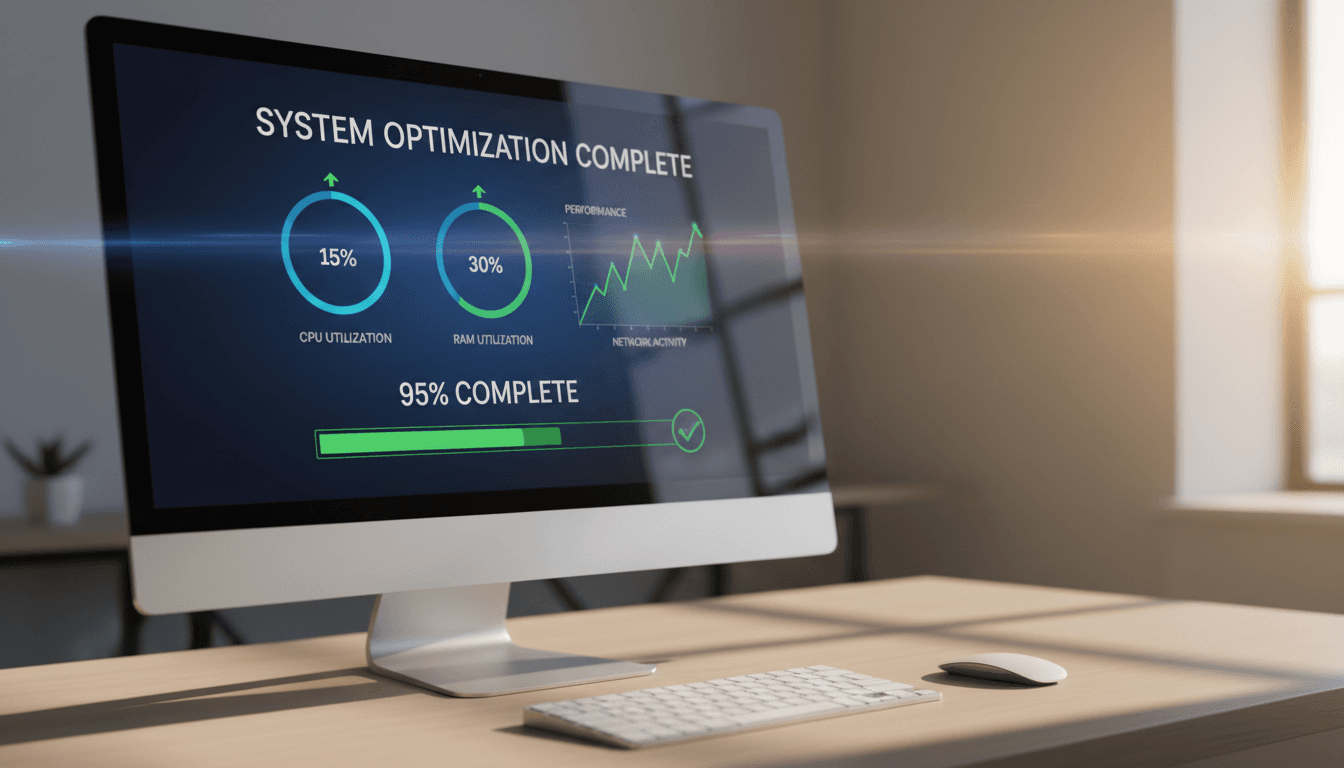 Computer screen showing performance optimization dashboard with real-time system metrics