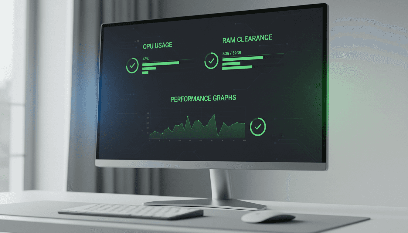 Computer monitor showing Rocket PC optimization metrics and performance data