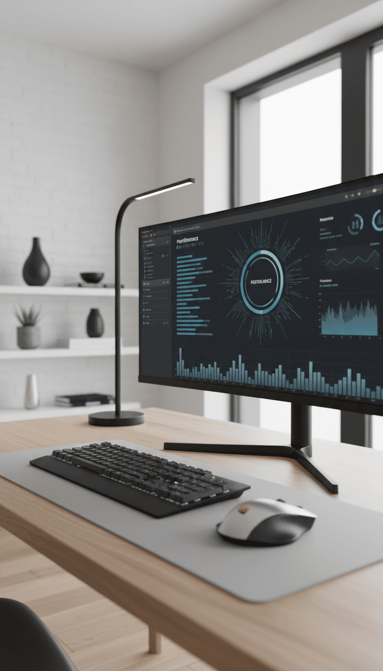 Modern desktop computer displaying performance optimization dashboard in a home office setting